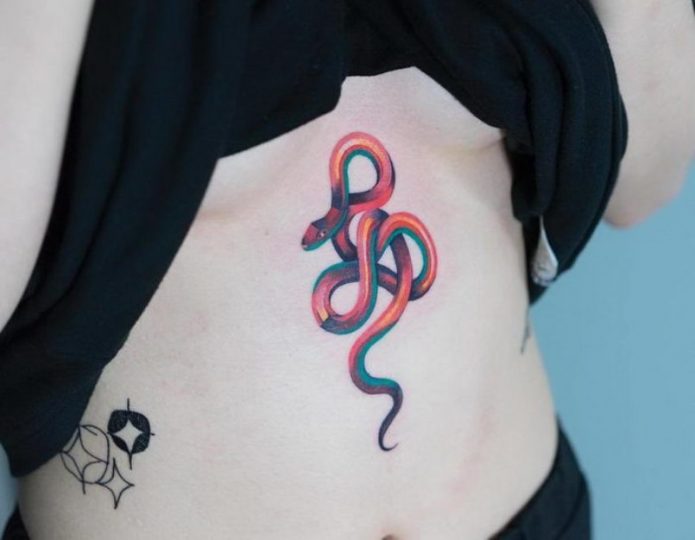 маленькая татуировка змея под грудиной