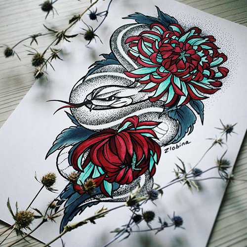 красивый эскиз тату змея и цветы